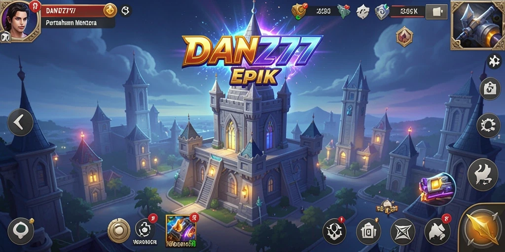 Tampilan gameplay <strong>DAN777</strong> dengan menara dan musuh yang dinamis.